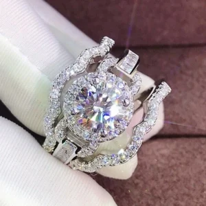 Huitan Silver 3‑Piece Women’s Geometric Ring Set – Brass & CZ