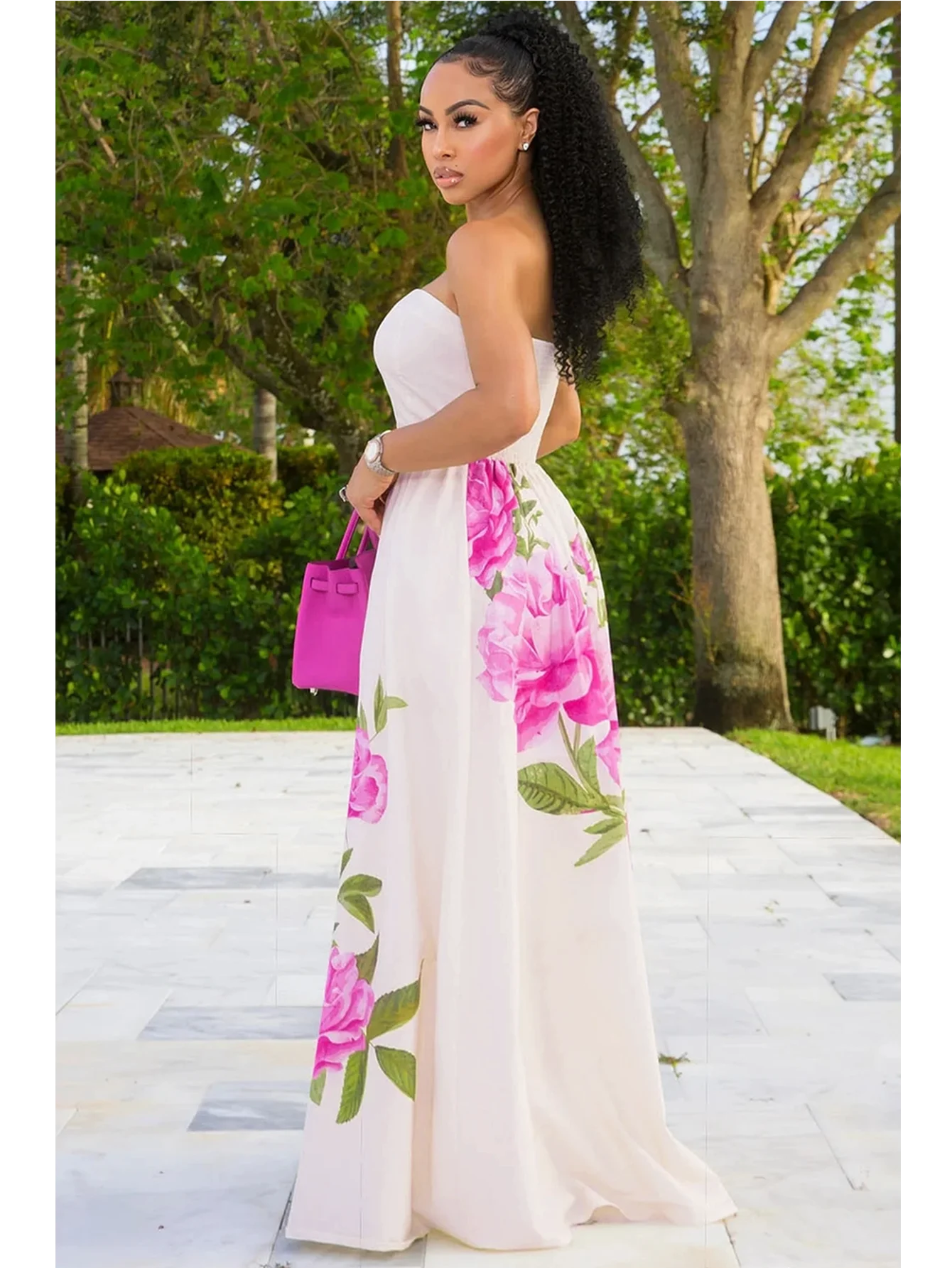 Women Tube Strapless Waist Flowy Maxi Dress With Floral Print For Wedding Guest Resort And Vacation Occasion - Image 5