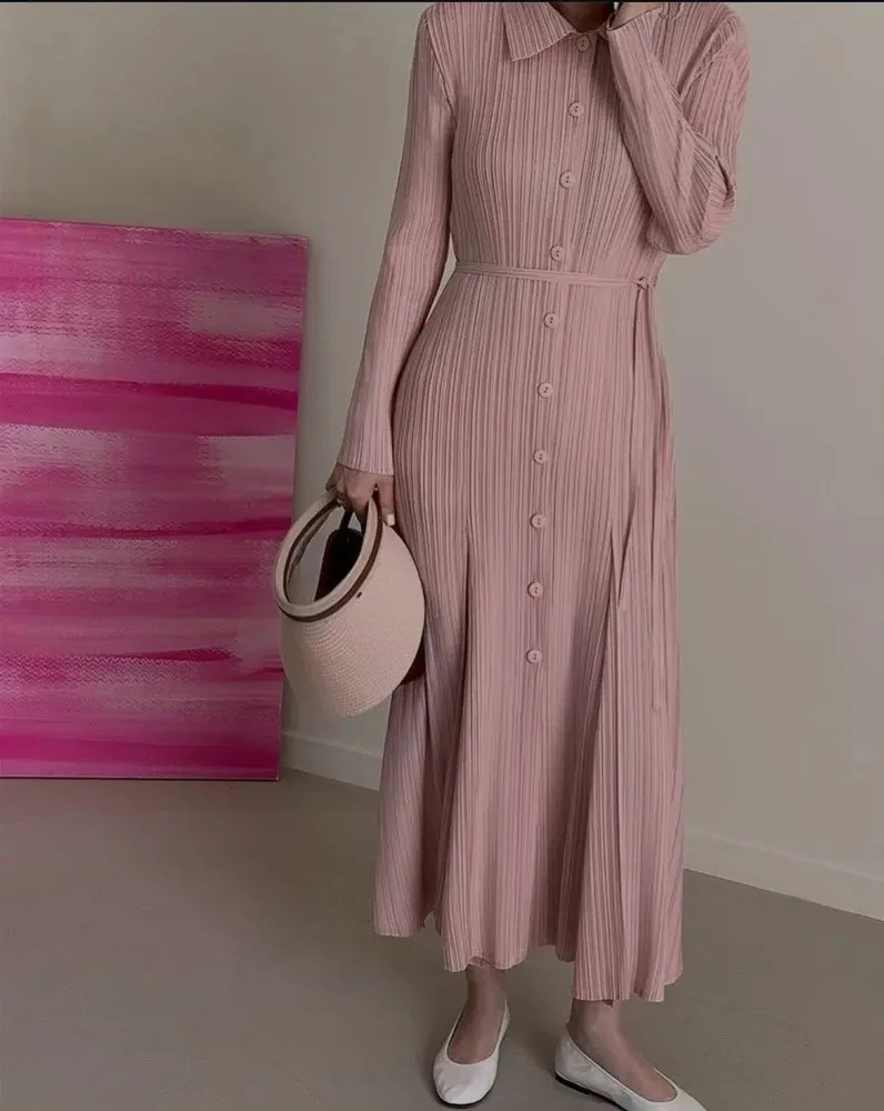 Women's Pleated Long Sleeve Cardigan Dress