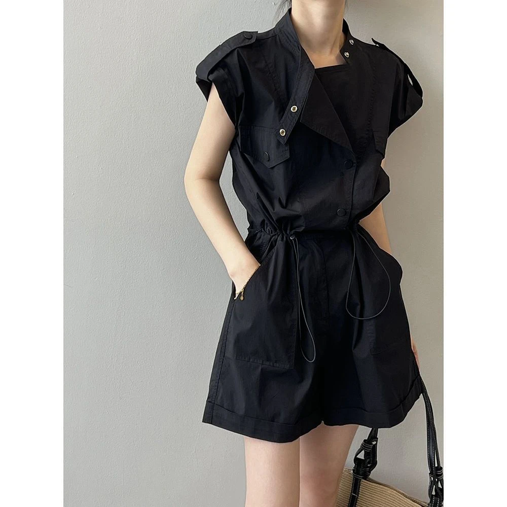 Fashionable Thin Short Pants Jumpsuit Set High Waist Commute Style Tassel Detail Straight Leg Jumpsuit for Summer - Image 7