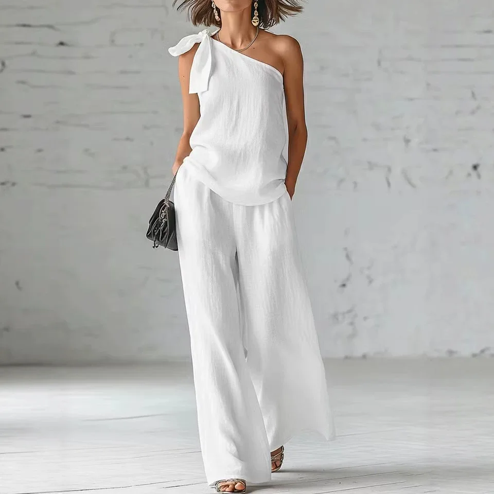 Women's 2 Piece Set 2026 Summer Sexy One Shoulder Tie Knot Top And Wide Leg Pants Suit Casual Loose Summer Beach Vacation Outfit - Image 7