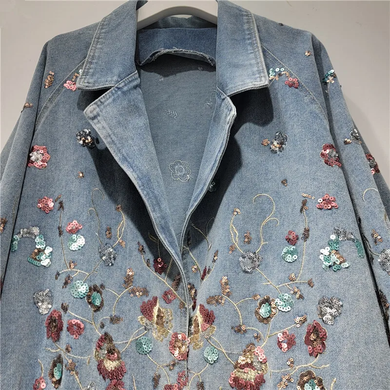 Women's Sequin Flower Denim Blazer Jacket - view 4