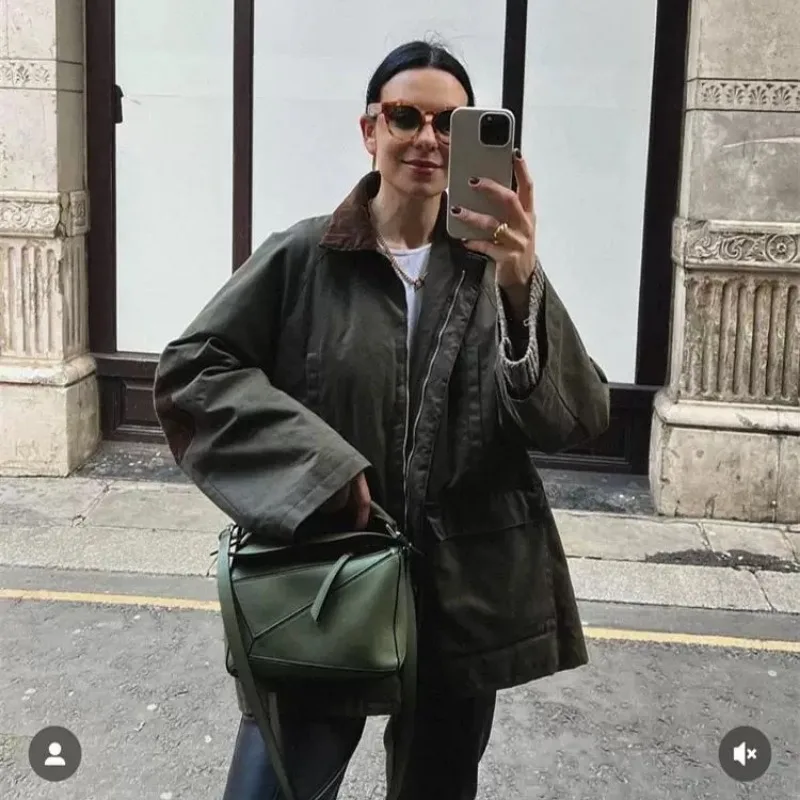 LUXURY Splicing Corduroy Workwear Jacket, Military Green Hunting Outfit, Retro Cotton Jacket, Women's Spring 2025 - Image 3