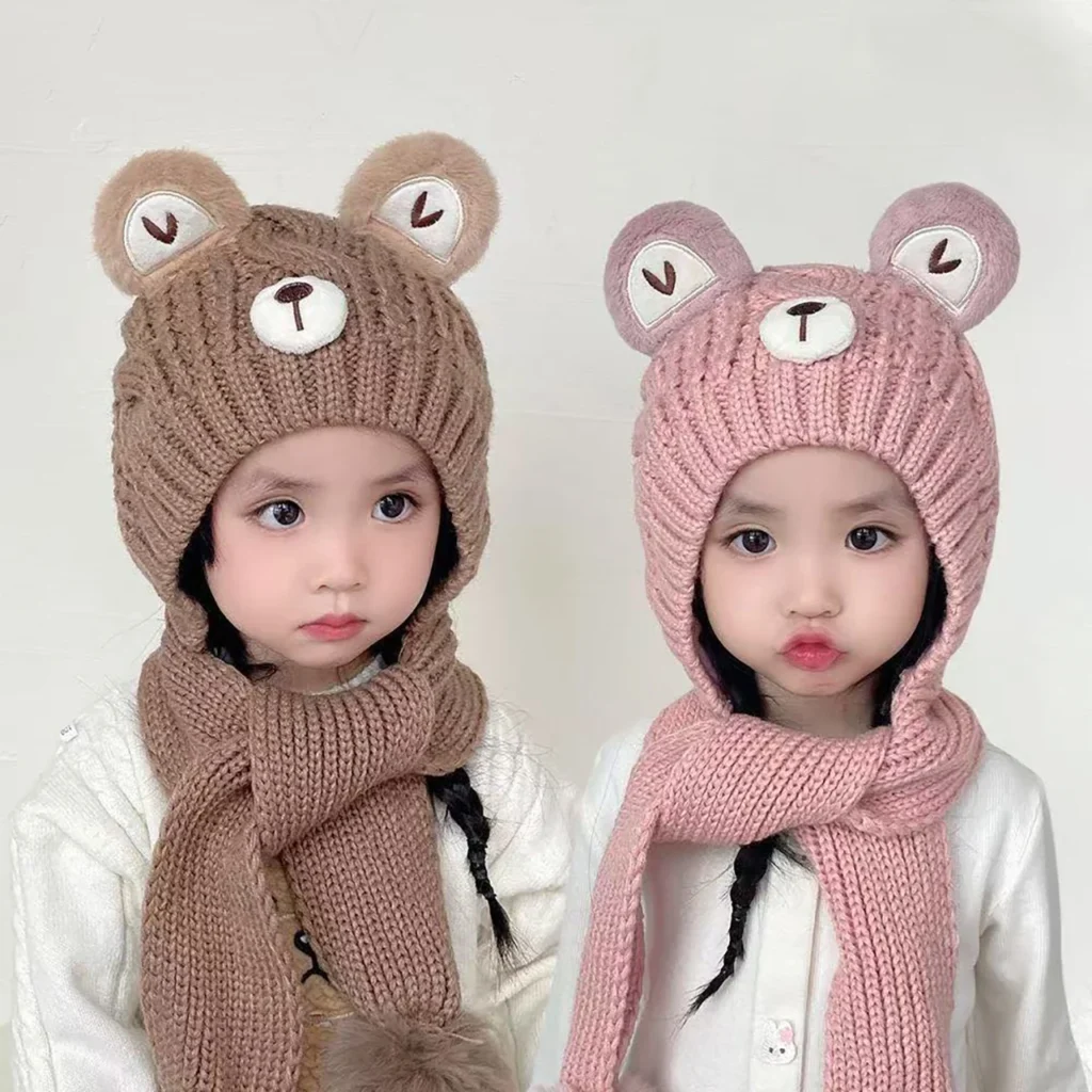Winter Kids Knit Scarf Hat Set – Cute Bear Design