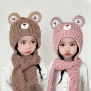 Winter Kids Knit Scarf Hat Set - Cute Bear Design