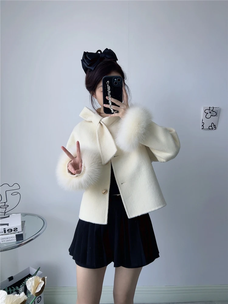 2024 New Winter Real Natural Fox Fur Cuff Coat Ladies Outwear Female Coat Cashmere Wool Woolen Women Luxury Jacket - Image 5