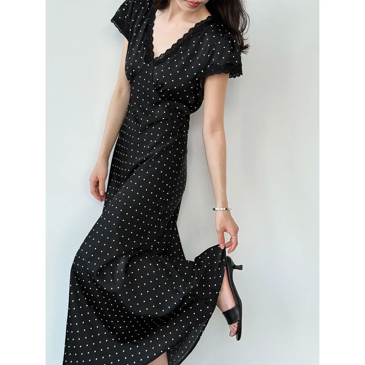 Women's Polka Dot Lace V-Neck Midi Dress - view 3