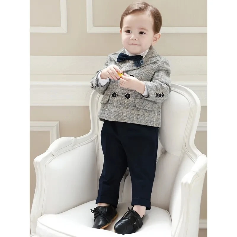 Children Formal Plaid Suit Set Boys Wedding Birthday Party Performance Photography Costume Kids Blazer Pants Bowtie Clothes - Image 5