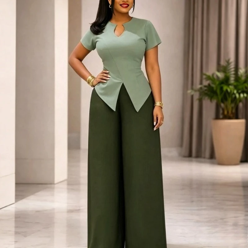 Women's V-Neck Top and Wide-Leg Pants Set