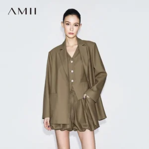 Amii Blazer Women 2026 Autumn New Notched Lapel Padded Shoulder Blazer Embroidery Loose Mid-Length Casual Jacket Women 12641056