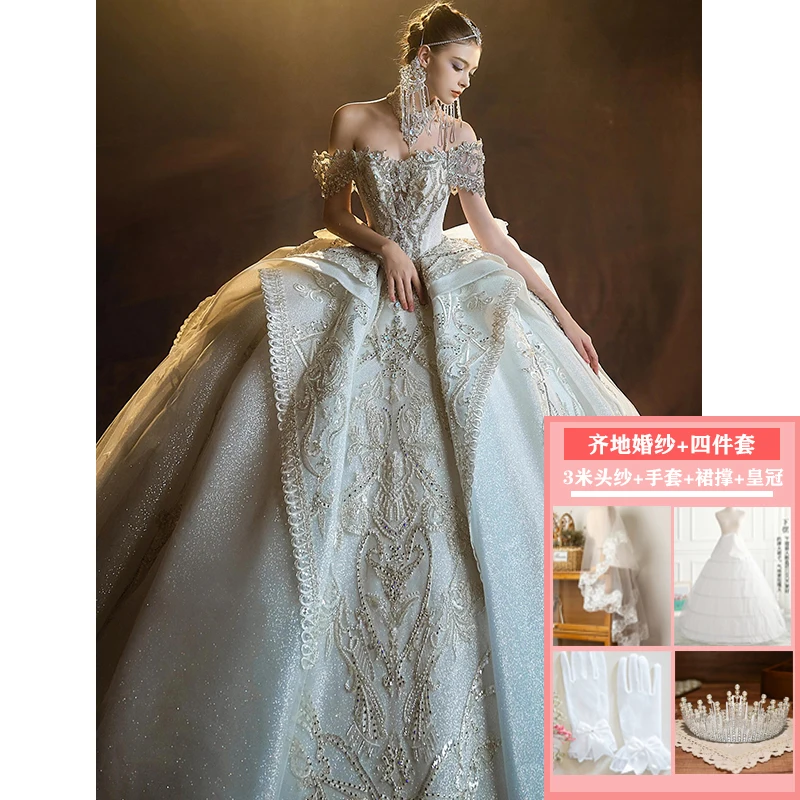 One-shoulder heavy Industry luxury haute couture new textured large tail main fabric dress - Image 9