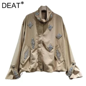 DEAT Women's Coat Loose Khaki Stand-up Collar Zipper Long Sleeve Diamonds Drawstring Jackets 2026 Spring Fashion 29A4829