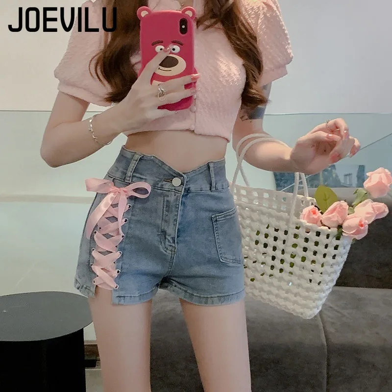 Pink Cross Denim Shorts Tie Decorative Hot Trousers Shorts Female Summer New High Waist Thin A-line Shorts Womens Clothing - Image 3