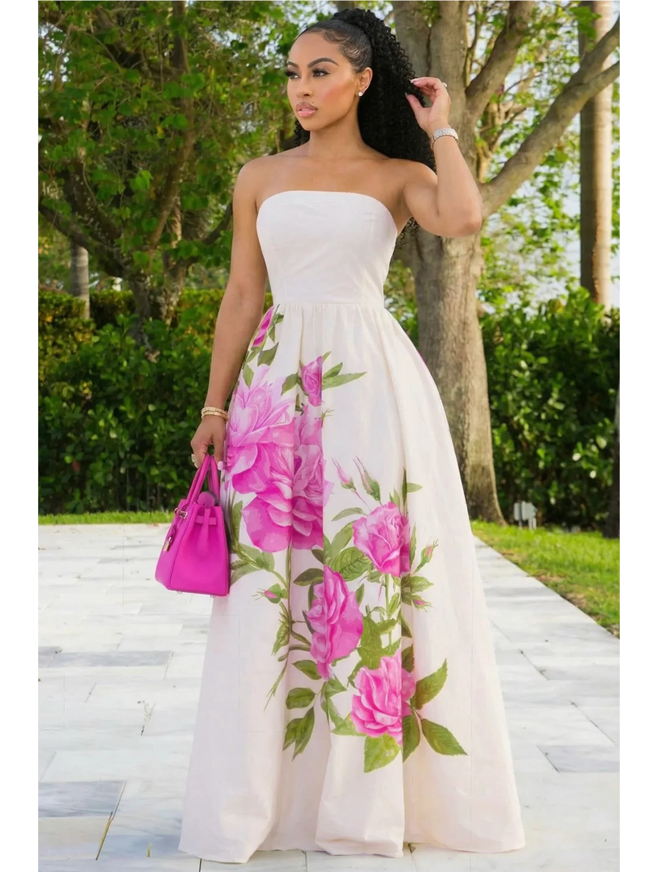 Women Tube Strapless Waist Flowy Maxi Dress With Floral Print For Wedding Guest Resort And Vacation Occasion - Image 4