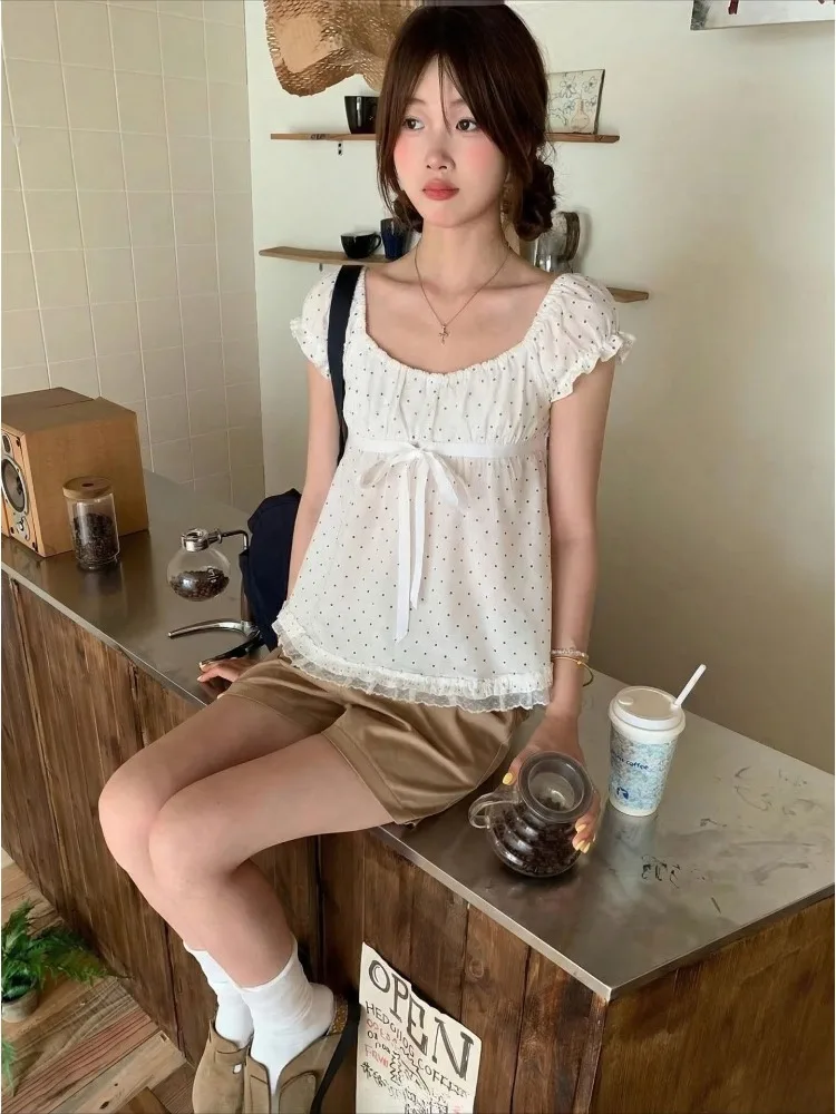 Women's Polka Dot Lace Puff Sleeve Blouse - view 4