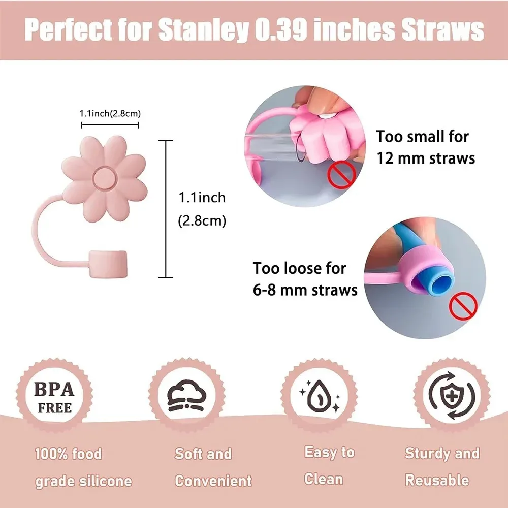 9pcs Accessories Set 3 Spill Proof Stopper Flowers Straw Cover Boot 2 Straw and Brush and 1 Flower Charm Chain for Stanley Cup - Image 2