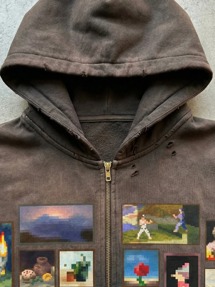 Y2K Retro Gallery Cotton Hoodie with Pixel Art Pattern - Image 4