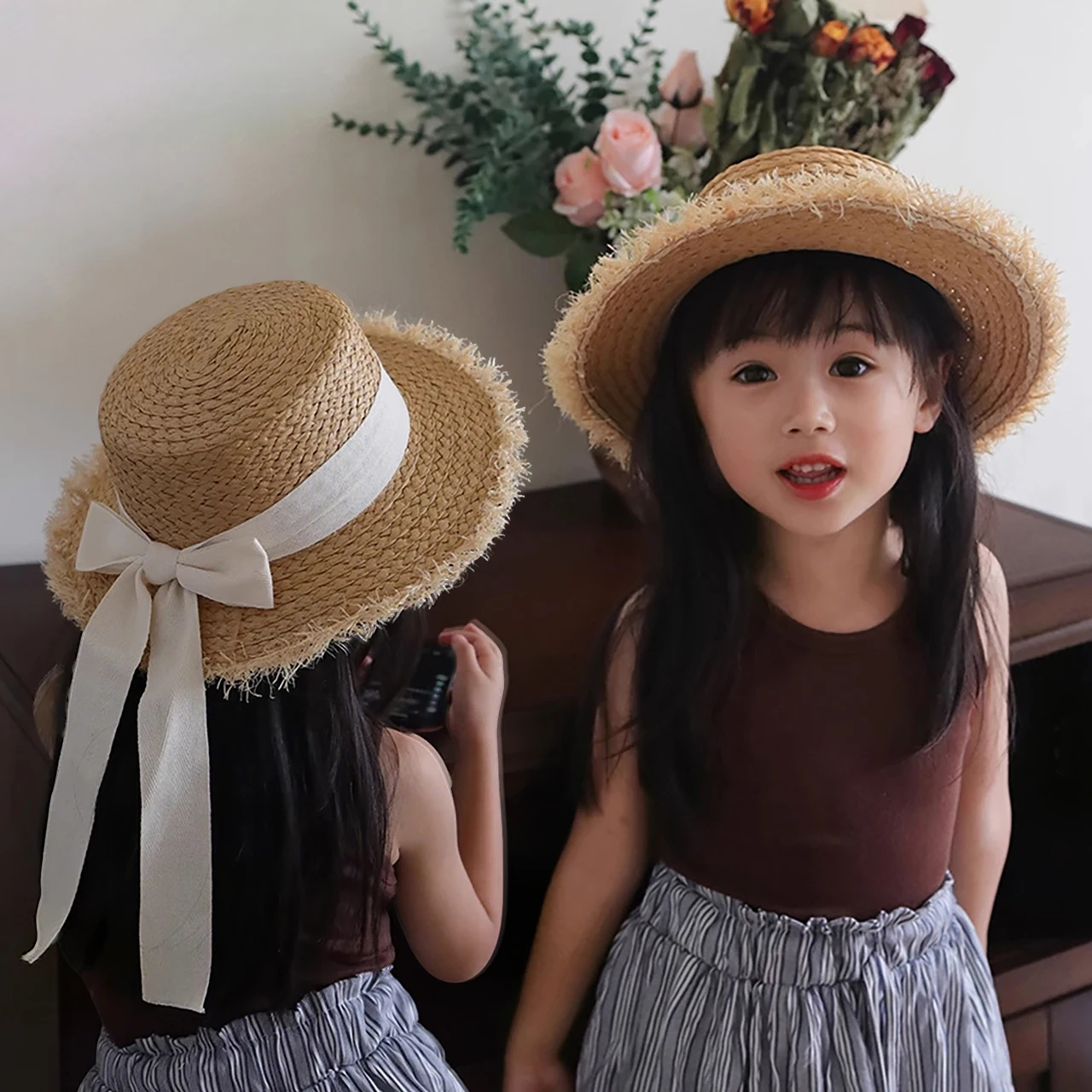 Kids Wide-Brim Straw Fedora Hat with Vintage Bow – Unisex Sun Visor - Image 2