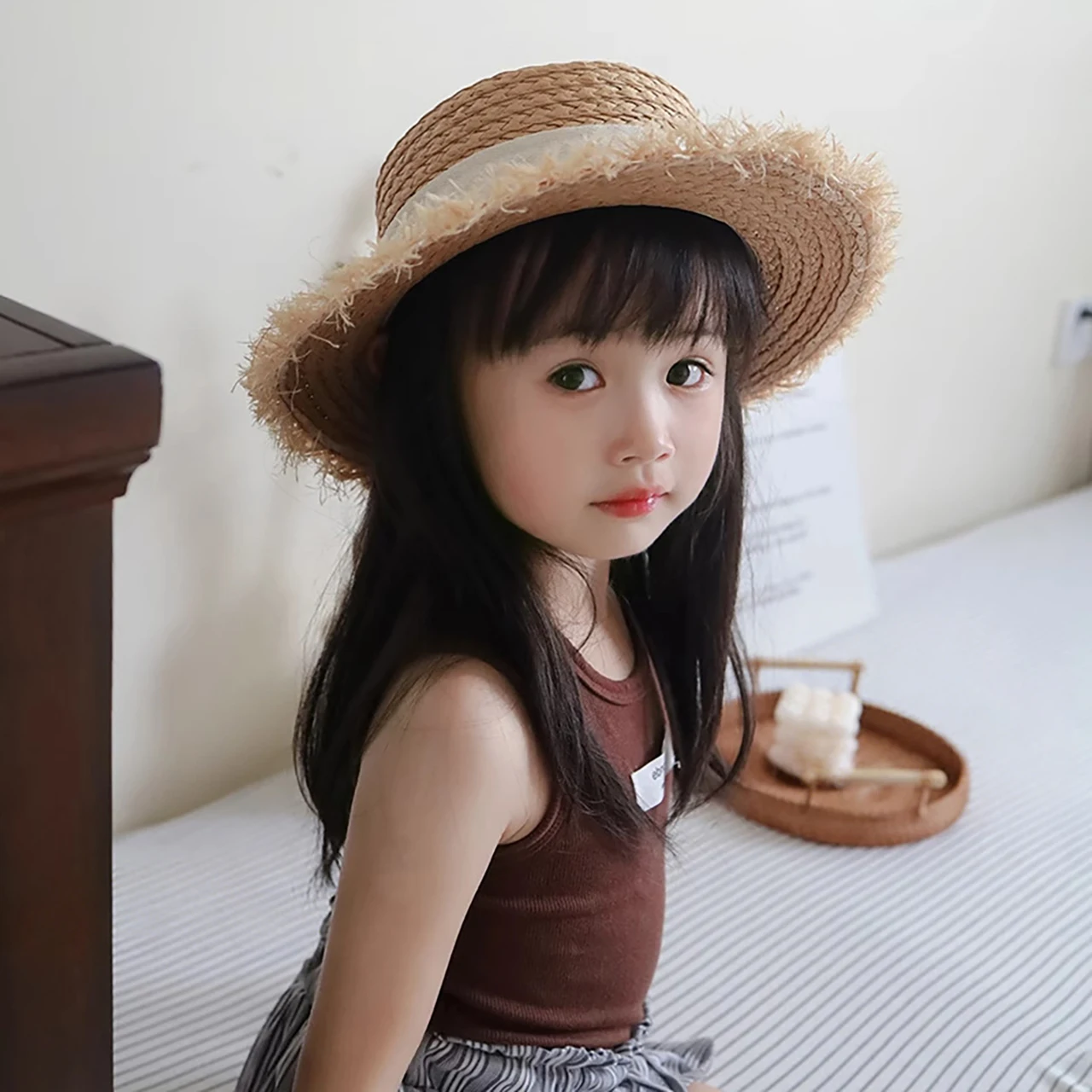 Kids Wide-Brim Straw Fedora Hat with Vintage Bow – Unisex Sun Visor - Image 4