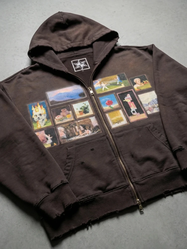 Y2K Retro Gallery Cotton Hoodie with Pixel Art Pattern