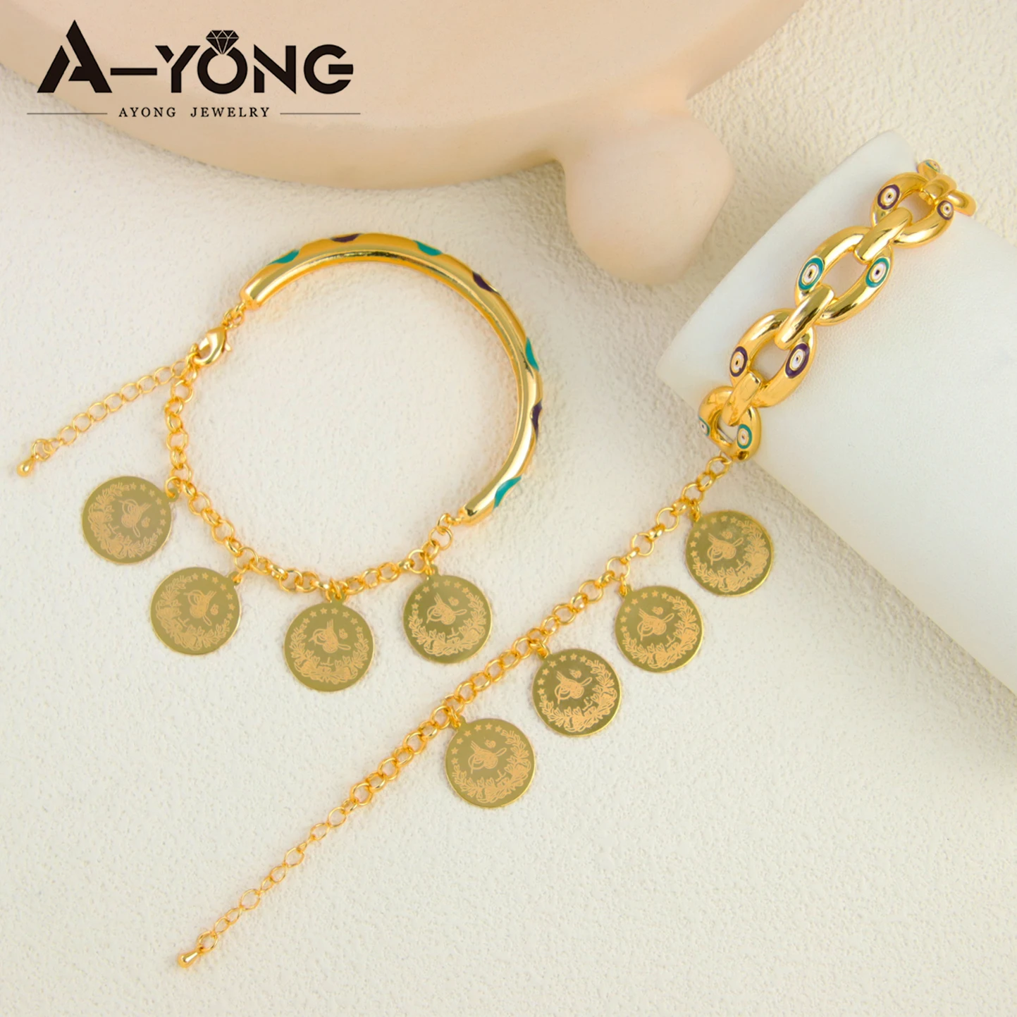 21k Gold-Plated Arabic Coin Charm Bracelet for Women – Dubai Bangles - Image 3