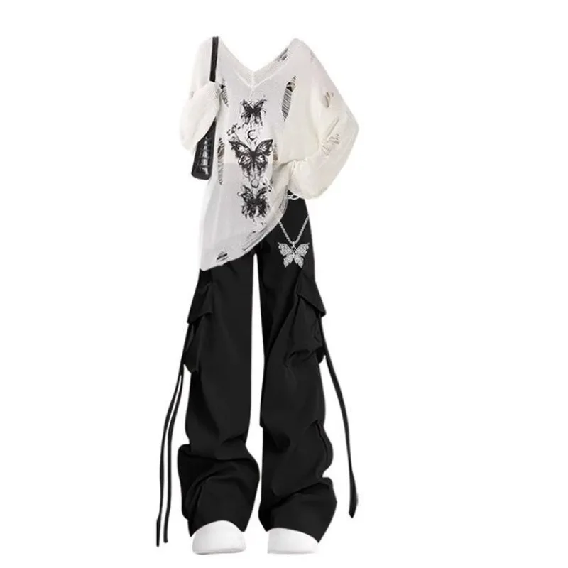 Women's Spring Summer Loose Hollow Out Butterfly T-Shirts Sling Cargo Pants Three Piece Set Lady Fashion Tops Vest Trousers Suit - Image 2
