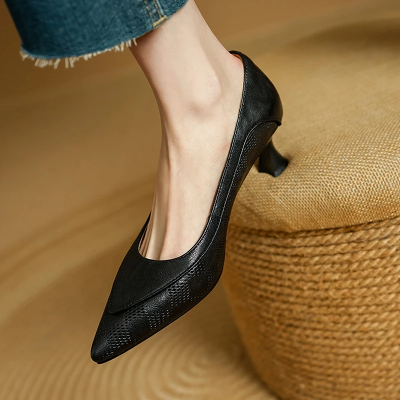 Women's Cow Leather Pointed-Toe Kitten Heel Pumps with Buckle Strap - Image 6
