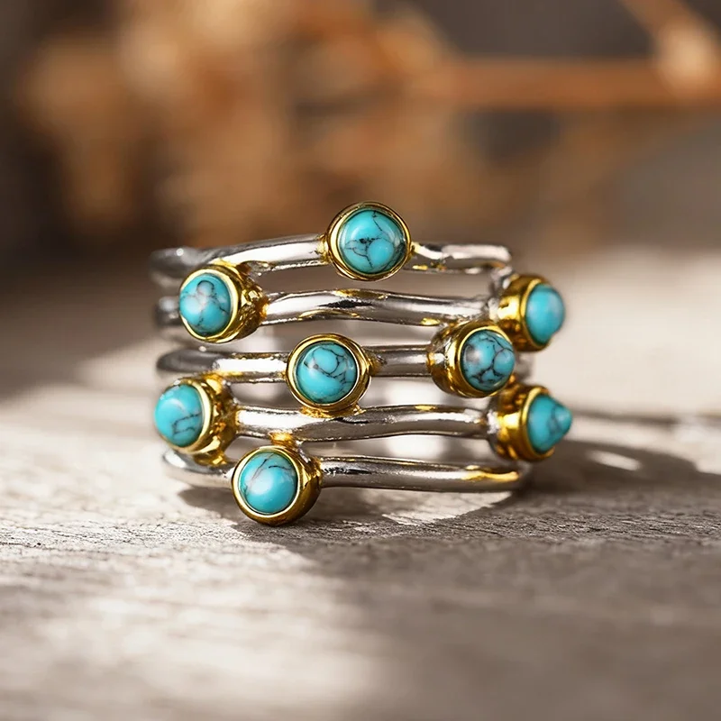 Huitan Bohemian Brass Ring with Imitation Turquoise, Two‑Tone Vintage - Image 7