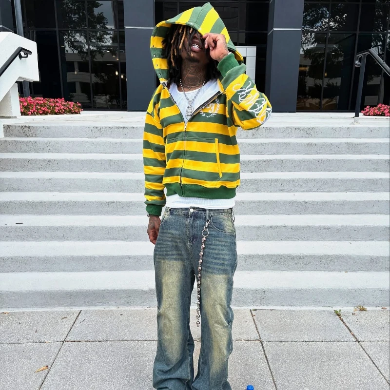 Y2K Street Kid Zip Up Hoodie with Stripe and Rivet Details - Image 5
