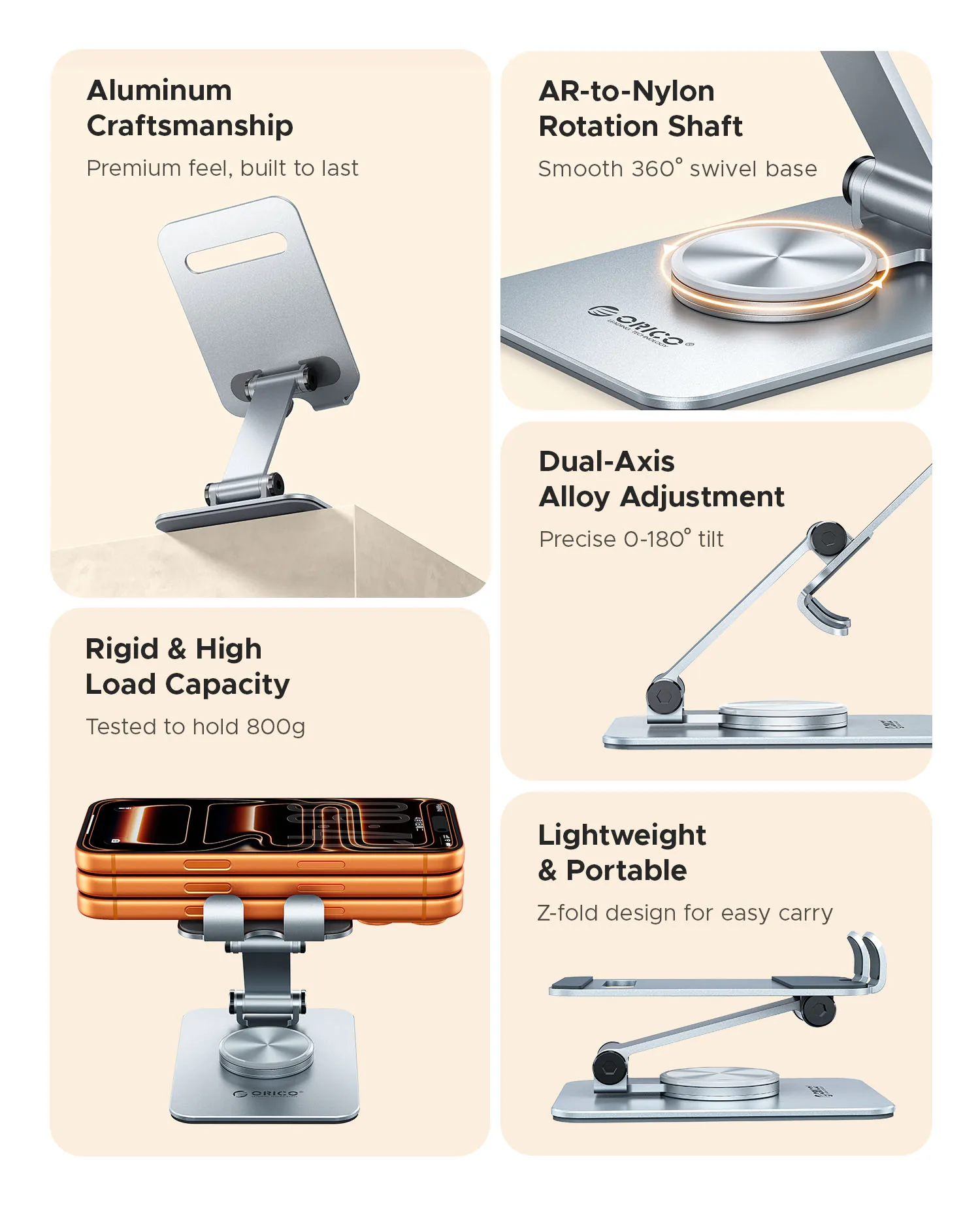 ORICO Aluminum Phone Stand – 360° Rotation, Dual‑Axis Tilt, Foldable - Image 4