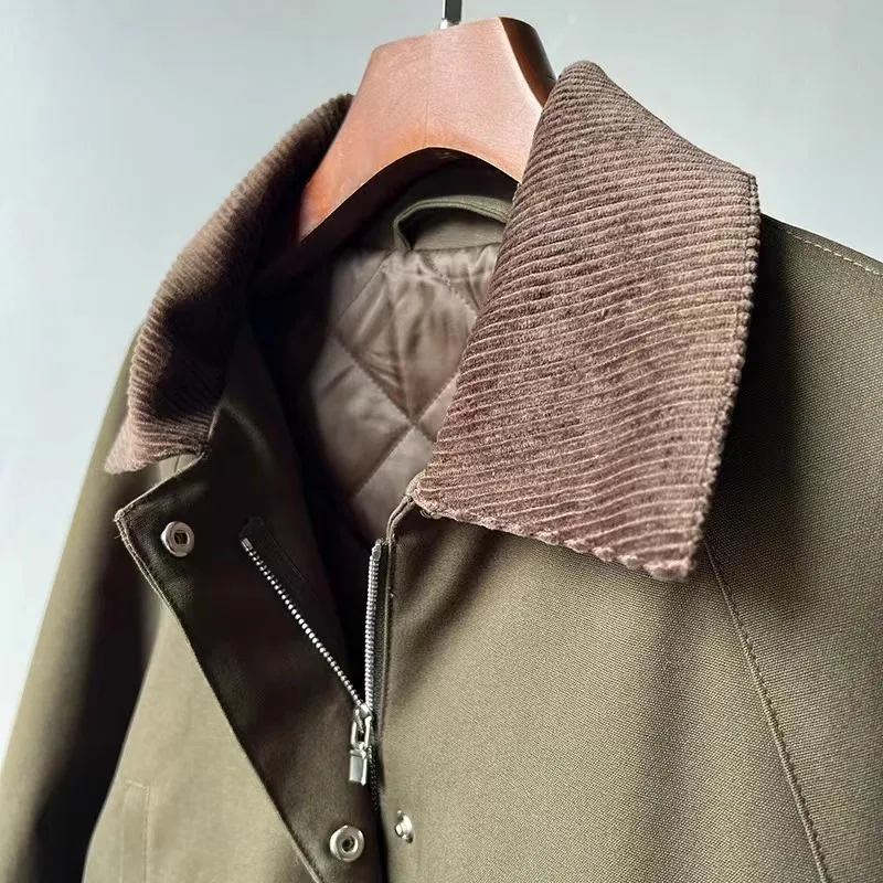 LUXURY Splicing Corduroy Workwear Jacket, Military Green Hunting Outfit, Retro Cotton Jacket, Women's Spring 2025 - Image 5