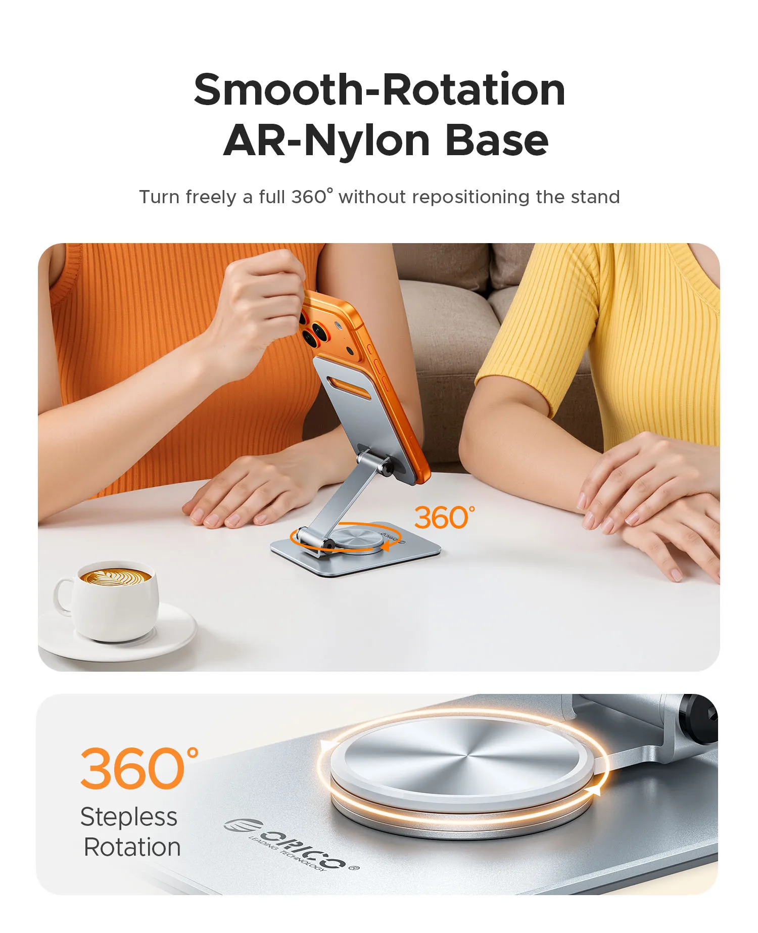 ORICO Aluminum Phone Stand – 360° Rotation, Dual‑Axis Tilt, Foldable - Image 3