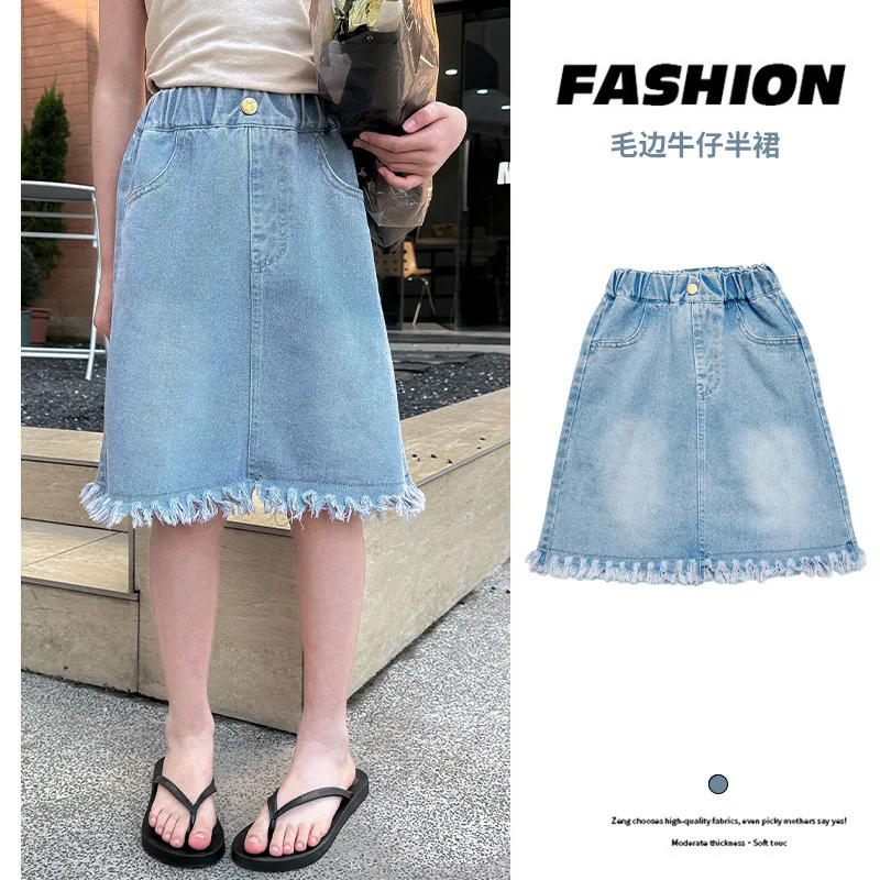 Girls' Casual Knee-Length Cotton Denim Skirt