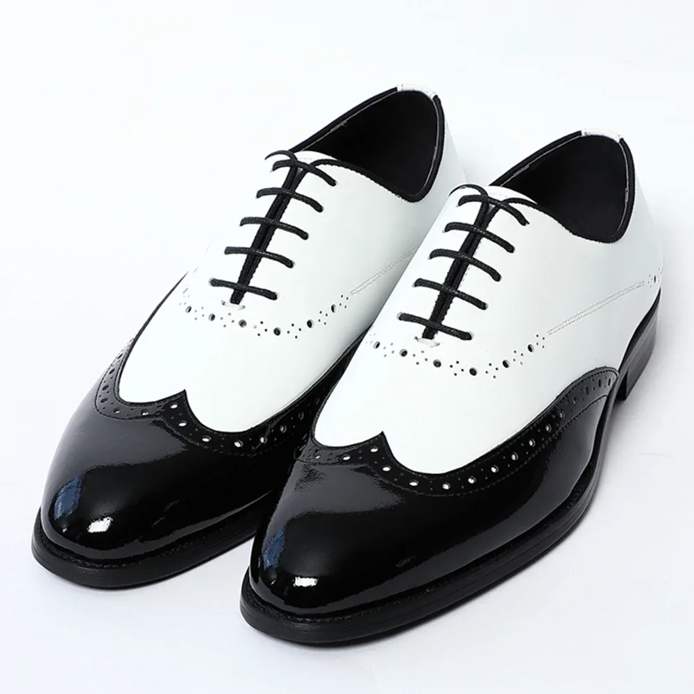 Men's White & Black Cow Leather Wingtip Brogue Oxford Shoes - Image 7