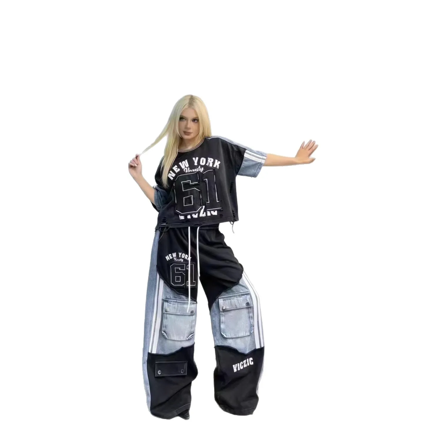 Women's Ripped Denim Tee and Letter Print Pants Set - view 5