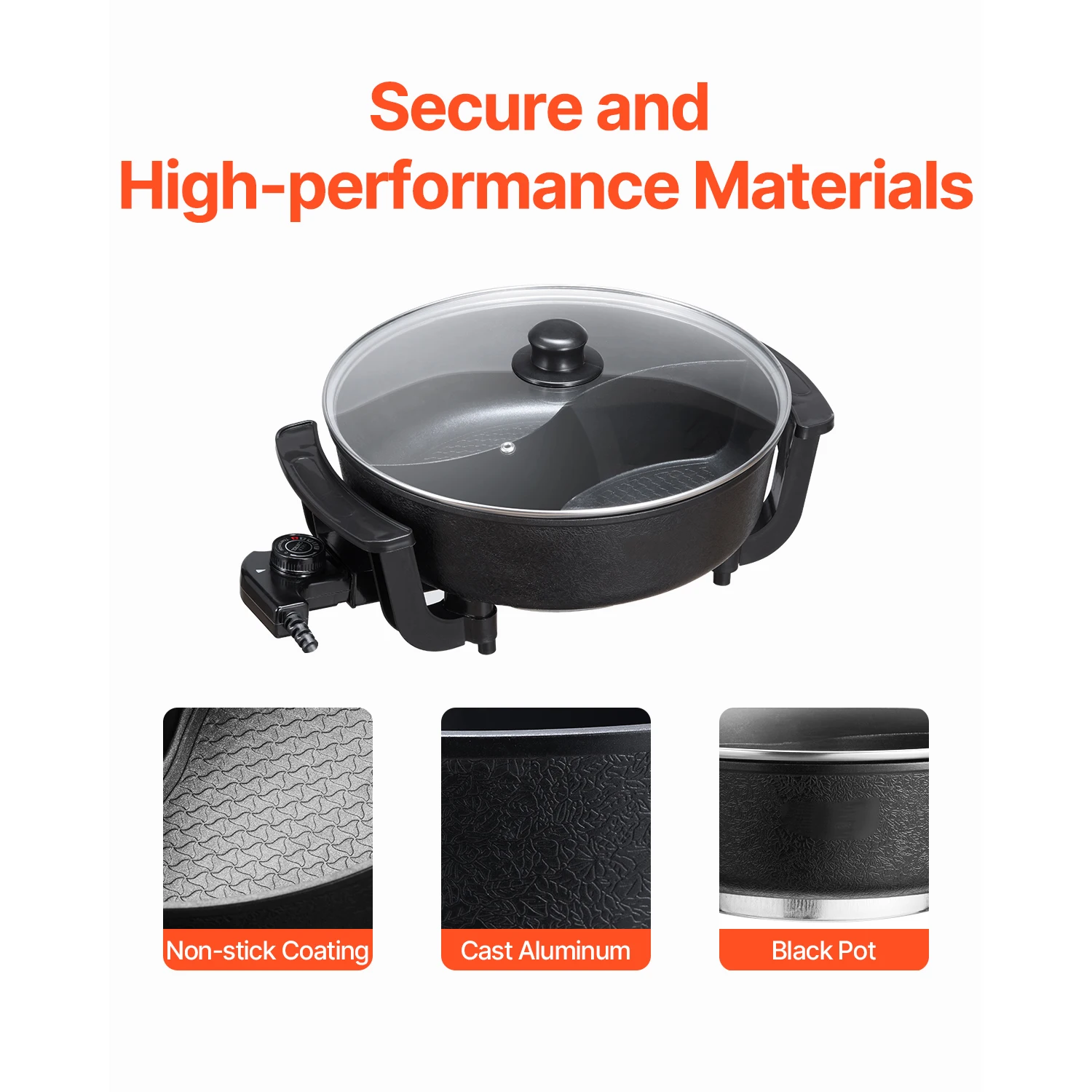 SucceBuy 5L Dual‑Flavor Electric Hot Pot with Non‑Stick Cast Aluminum, Glass Lid & Stepless Temp Control - Image 6