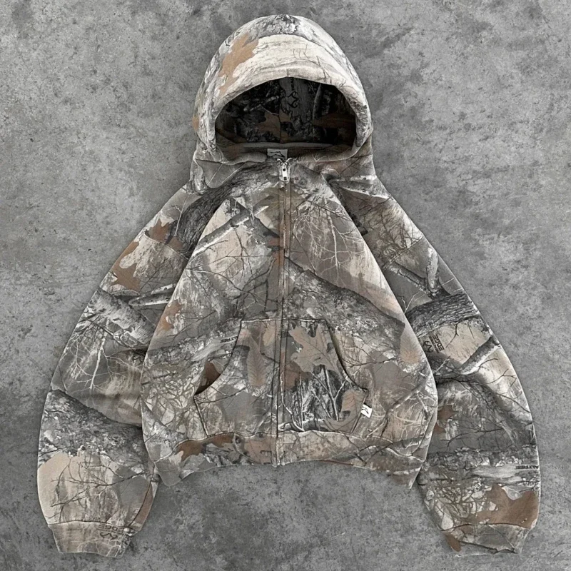 Y2K Retro Zip Up Hoodie Men Camouflage Pattern Zipper Sweatshirt High Street Hip Hop Streetwear Oversized Unisex Camo Hoodie - Image 7