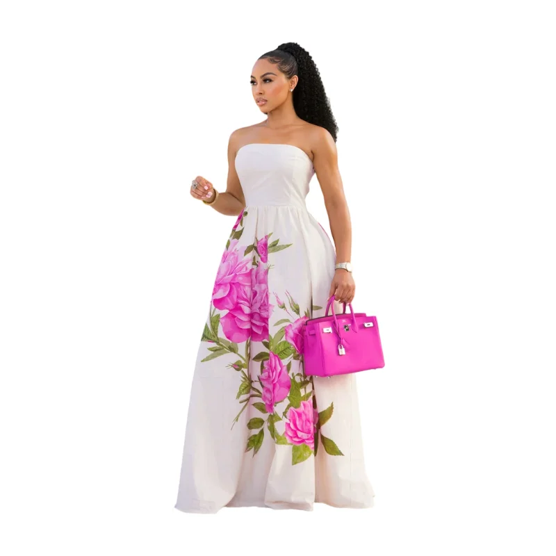Women Tube Strapless Waist Flowy Maxi Dress With Floral Print For Wedding Guest Resort And Vacation Occasion - Image 6