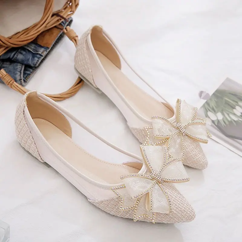 Women’s Diamond Bow Air Mesh Flats with Pointed Toe & Non‑Slip Sole