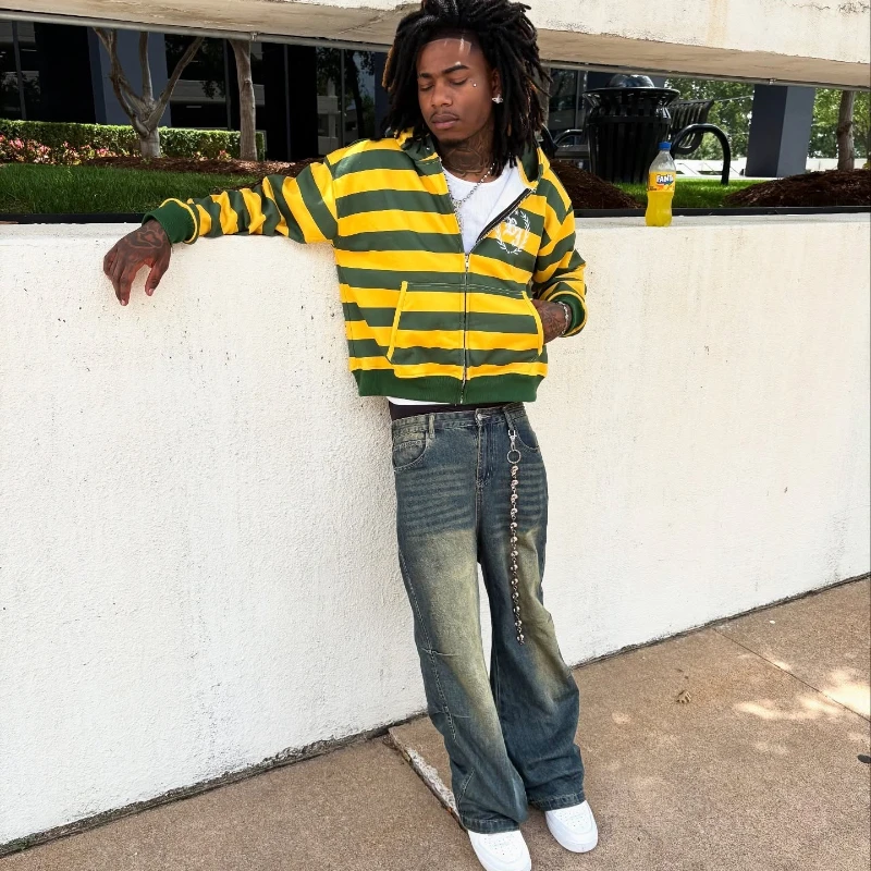 Y2K Street Kid Zip Up Hoodie with Stripe and Rivet Details - Image 6
