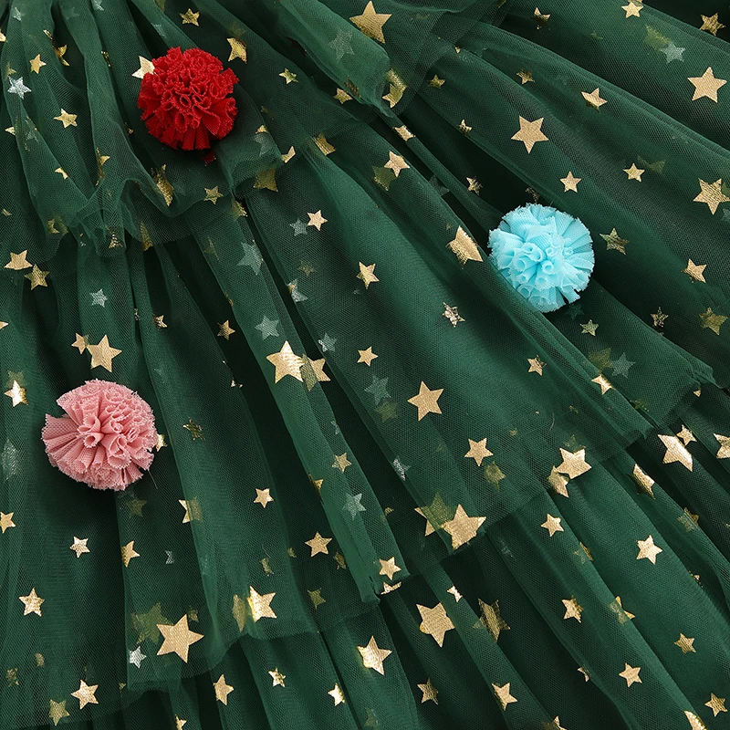Girls Cotton Christmas Dress with Star Print and Tulle - Image 6