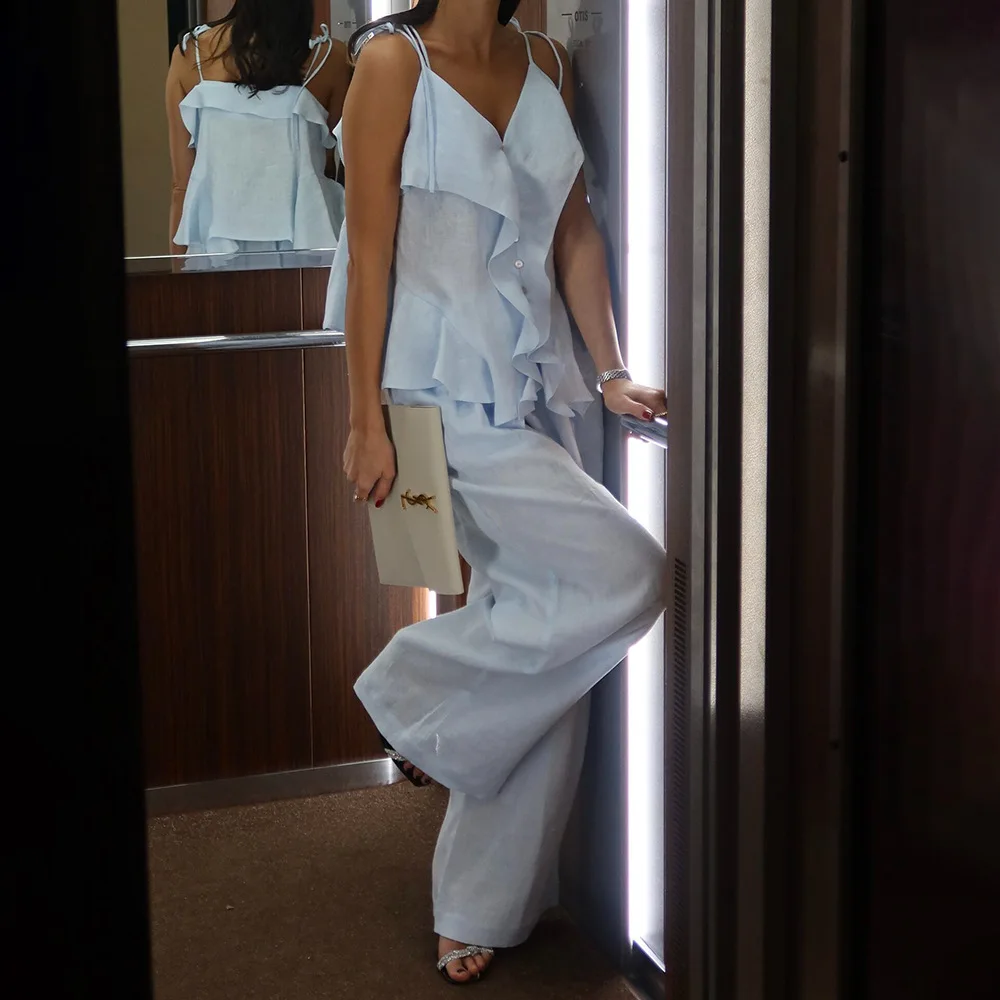 Bornladies 2026 Spring Summer New Cotton Solid Color Blue Set Ruffle Button Strap Top Casual Long Wide Leg Pants - Image 7