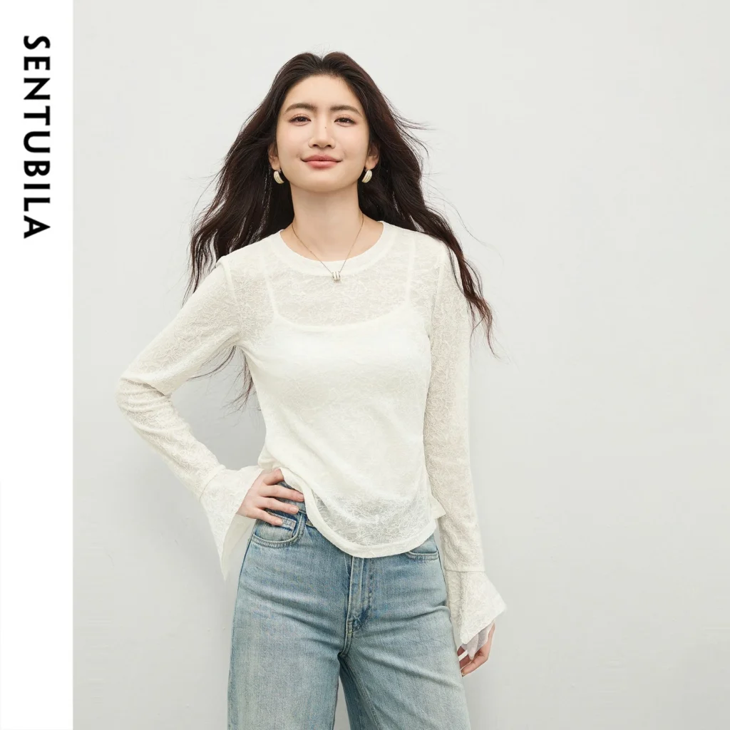 Women's Flare Sleeve Sheer Lace Top