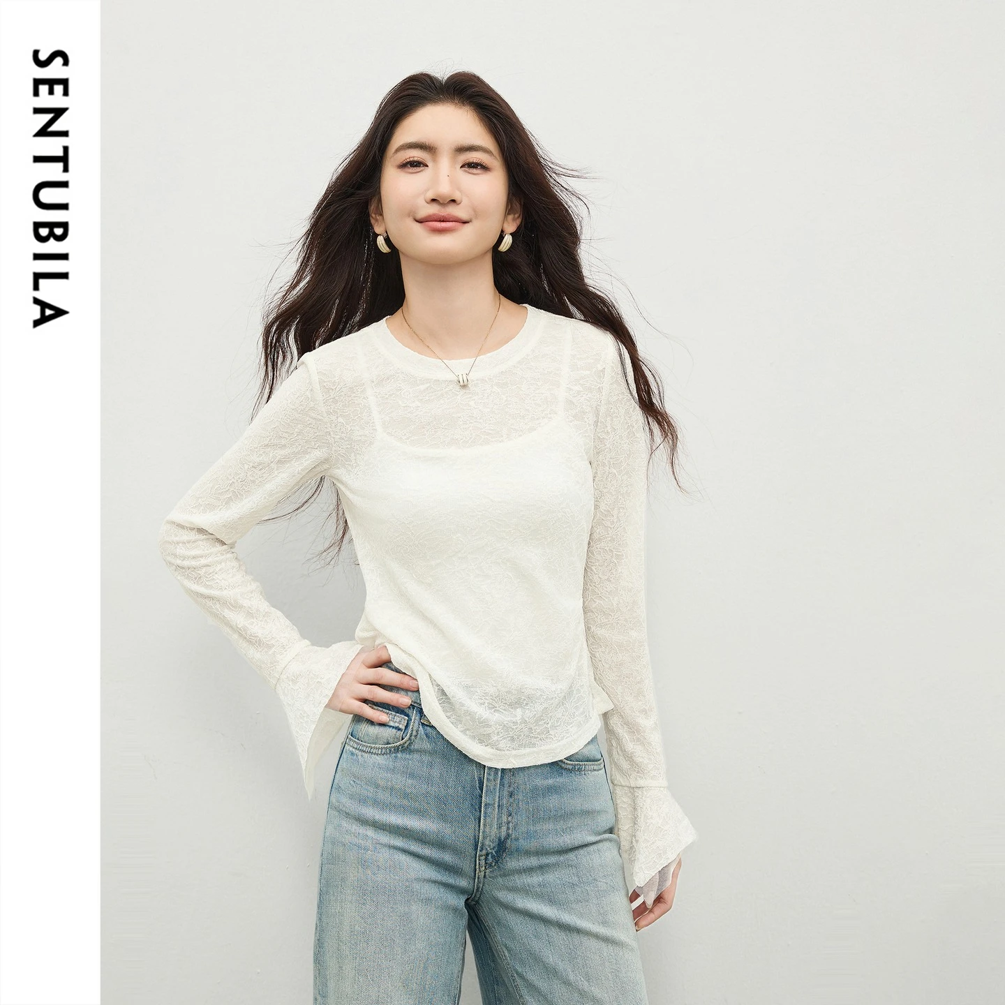 Women's Flare Sleeve Sheer Lace Top