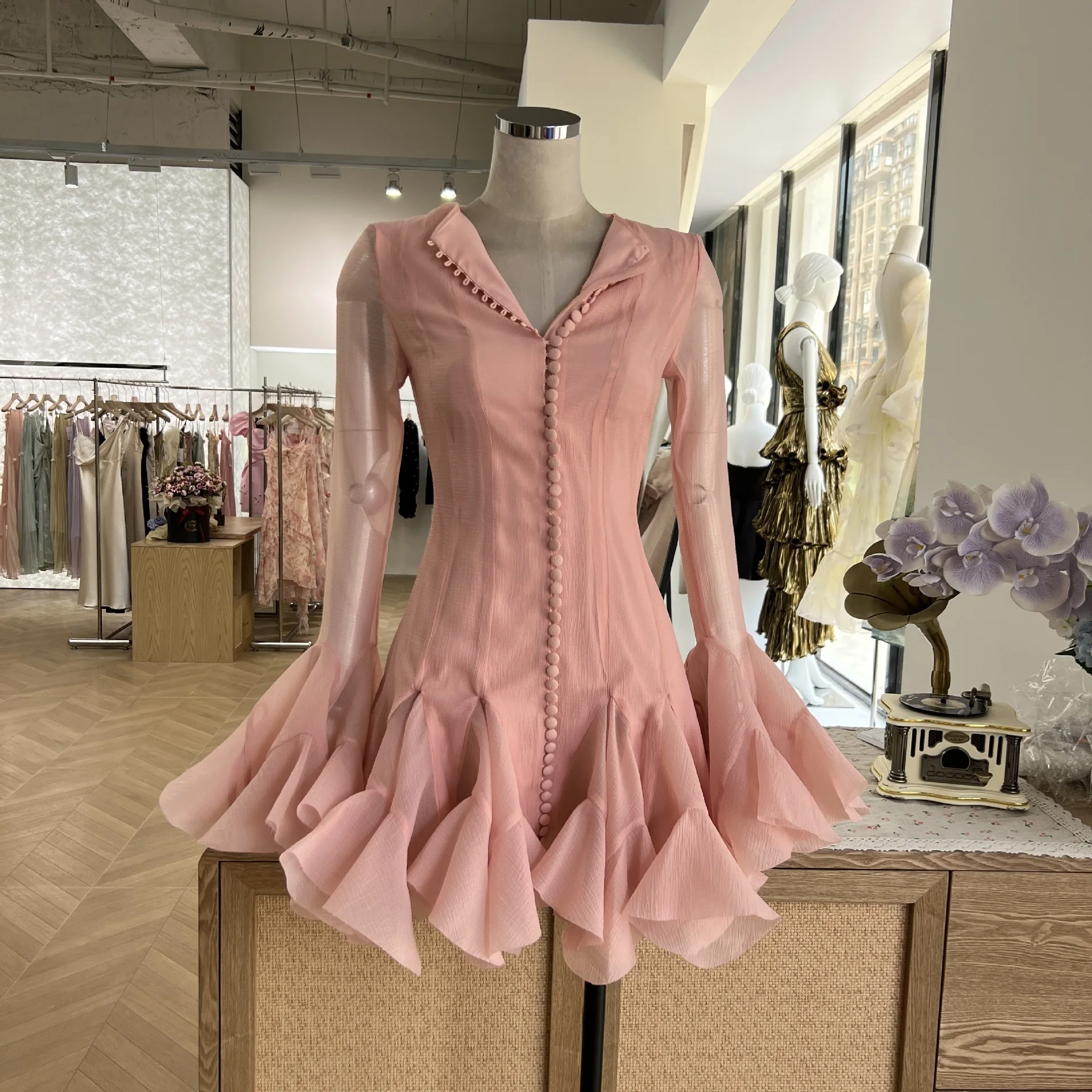 Women's Flower Buckle Long Sleeve Mini Dress - view 9