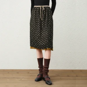 JIAMI Women Shimmer Dot Midi Skirt High Waist Elegant Vintage Flowy Straight Lightweight Chic Spring Summer Fashion Skirt