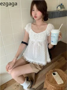 Women's Polka Dot Lace Puff Sleeve Blouse