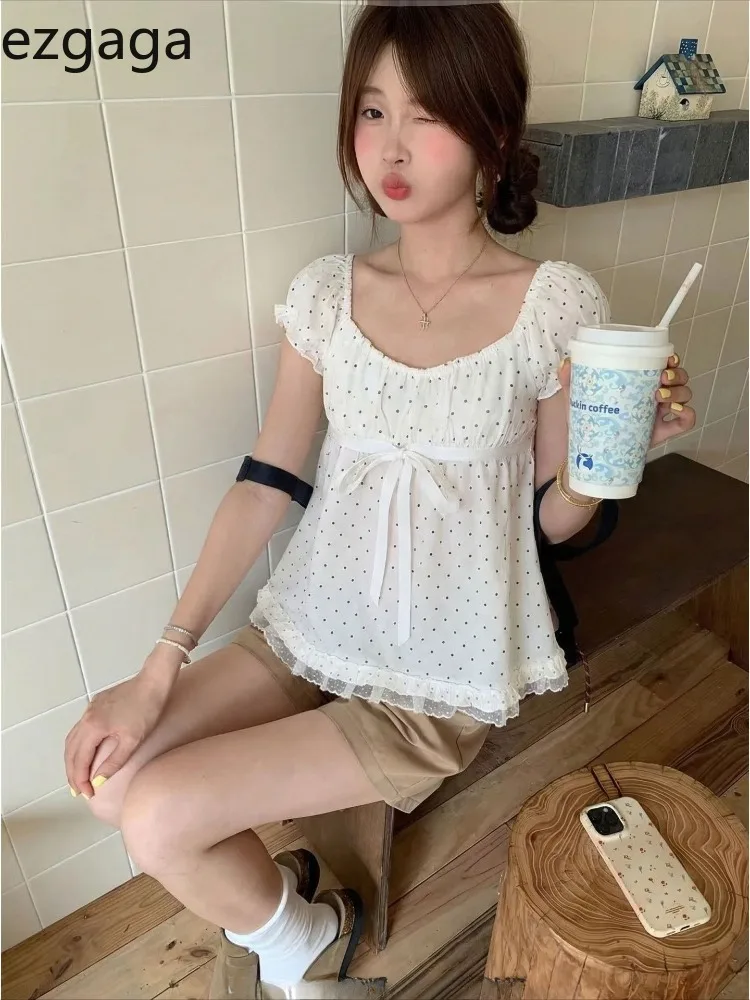 Women's Polka Dot Lace Puff Sleeve Blouse