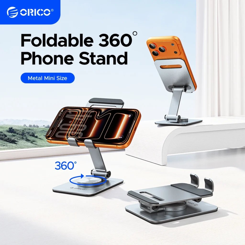 ORICO Aluminum Phone Stand – 360° Rotation, Dual‑Axis Tilt, Foldable