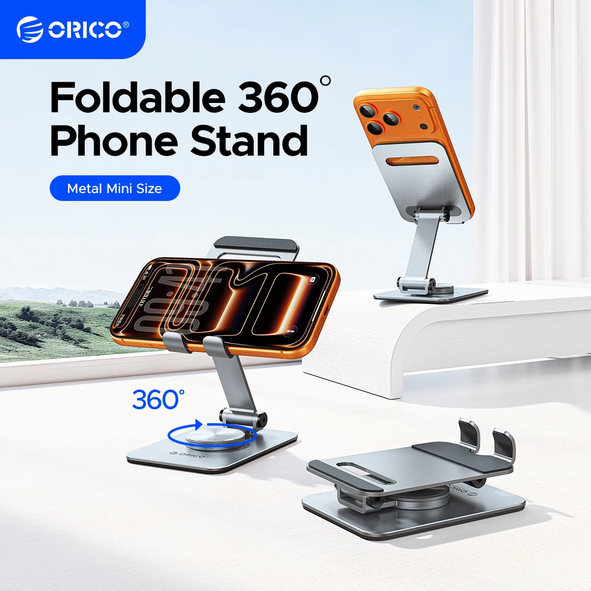 ORICO Aluminum Phone Stand – 360° Rotation, Dual‑Axis Tilt, Foldable